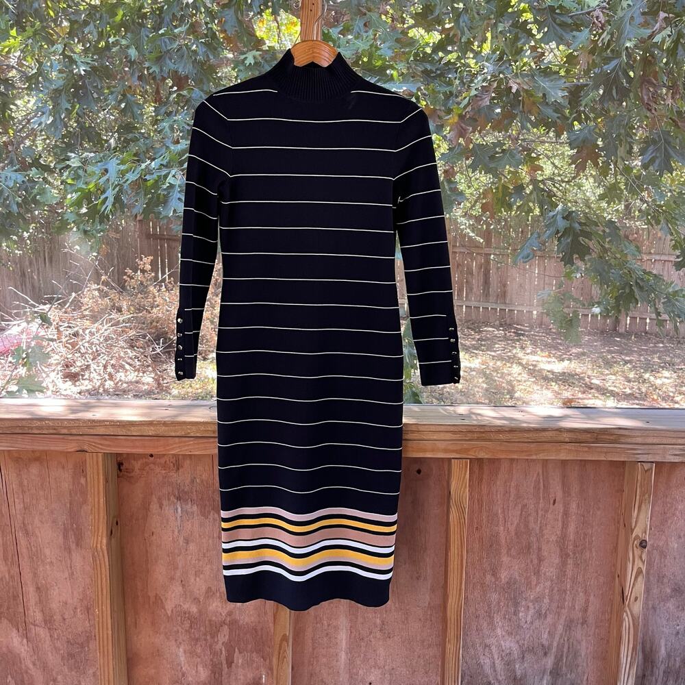 Chico’s Black Label Women's Black Striped Mock Neck Midi Dress Size 0 (U.S.S)